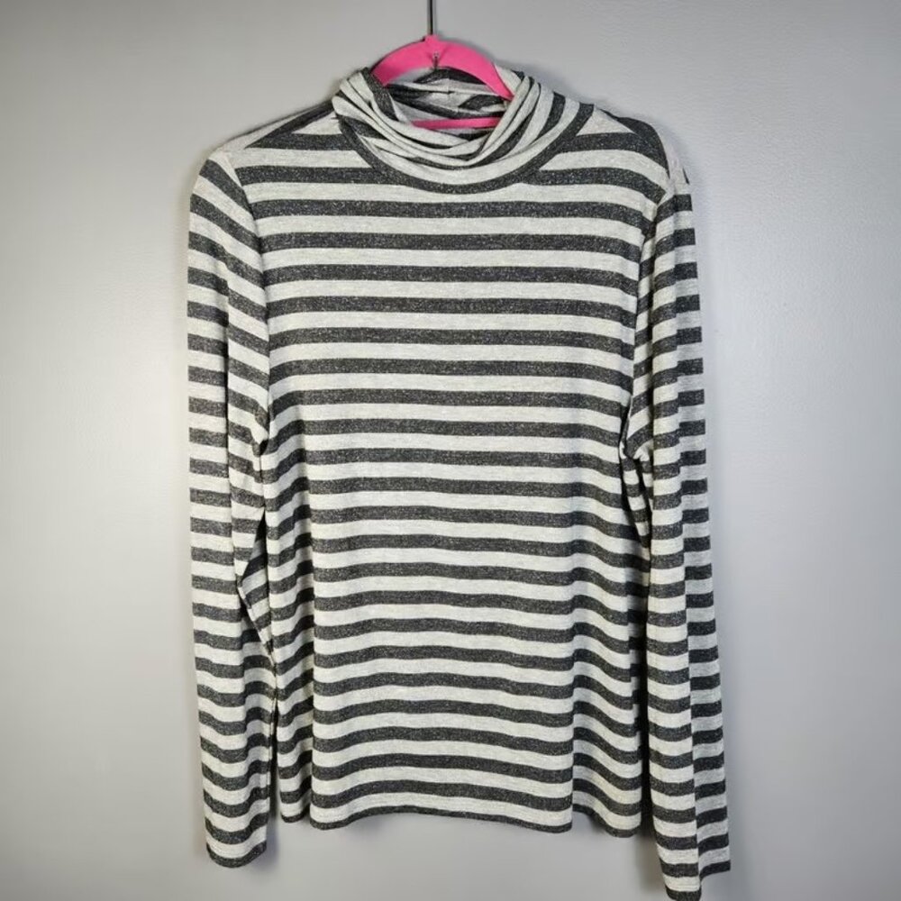LOFT Metallic Shimmer Striped Ribbed Turtleneck Top Grey/Silver Size XL